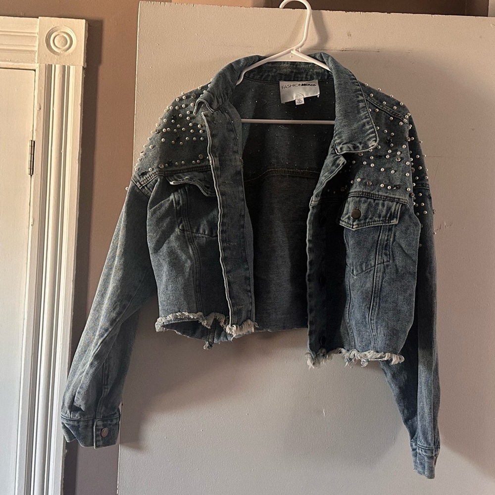 Fashion Nova Blue Cropped Jean Jacket Distressed